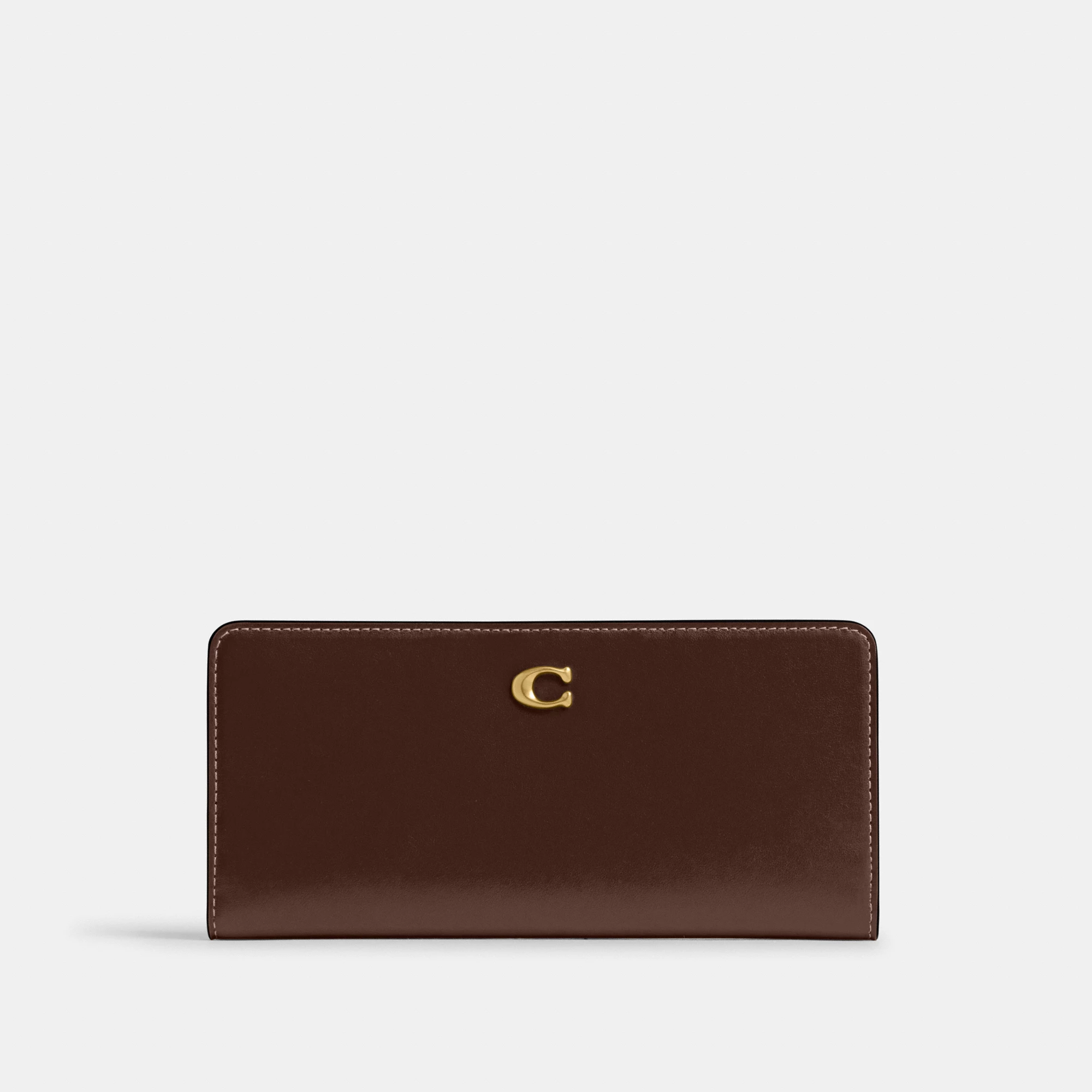 COACH®,Essential Slim Wallet,Leather,Continental,Bi Fold,Logo,Metal,Casual,Brown,Front View