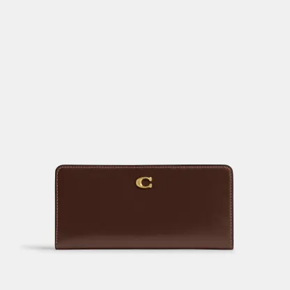 COACH®,Essential Slim Wallet,Leather,Continental,Bi Fold,Logo,Metal,Casual,Brown,Front View