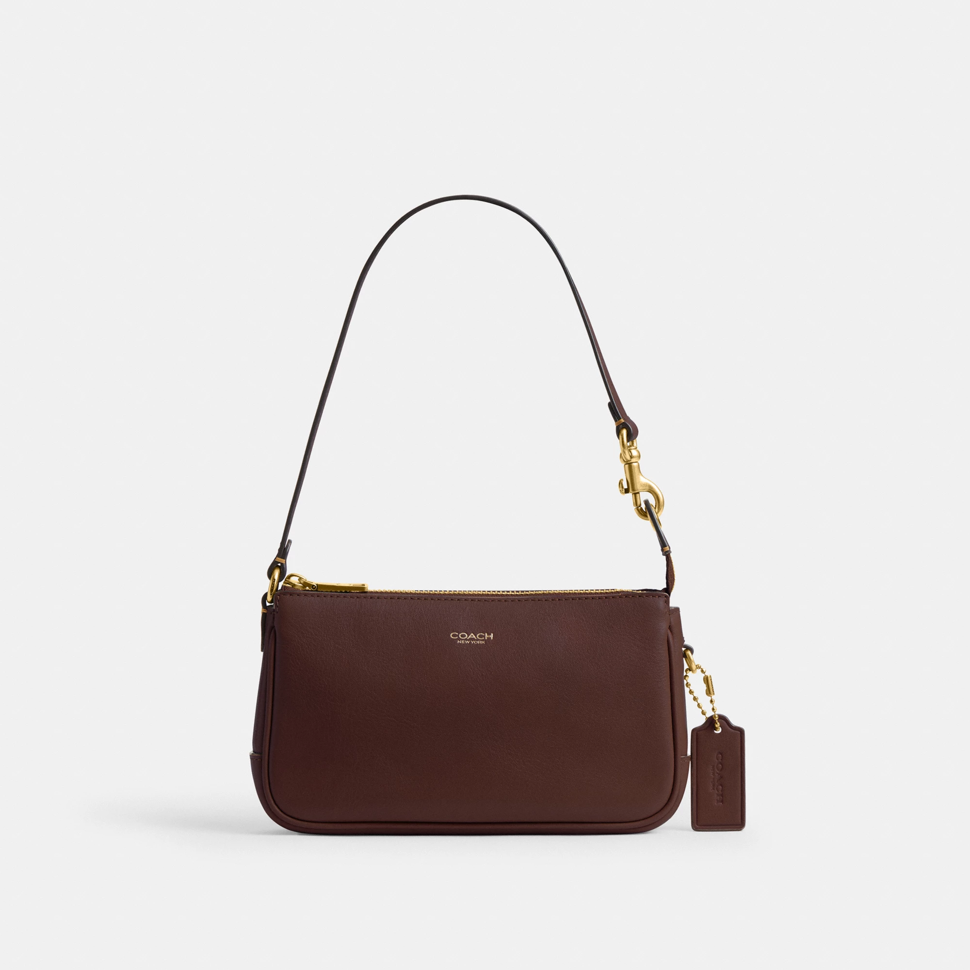 COACH®,Plaza Bag 18,Leather,Shoulder Bag,Compact,Lined,Adjustable,Brass,Gold Metal,Day Party,Brown,Front View