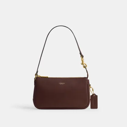 COACH®,Plaza Bag 18,Leather,Shoulder Bag,Compact,Lined,Adjustable,Brass,Gold Metal,Day Party,Brown,Front View