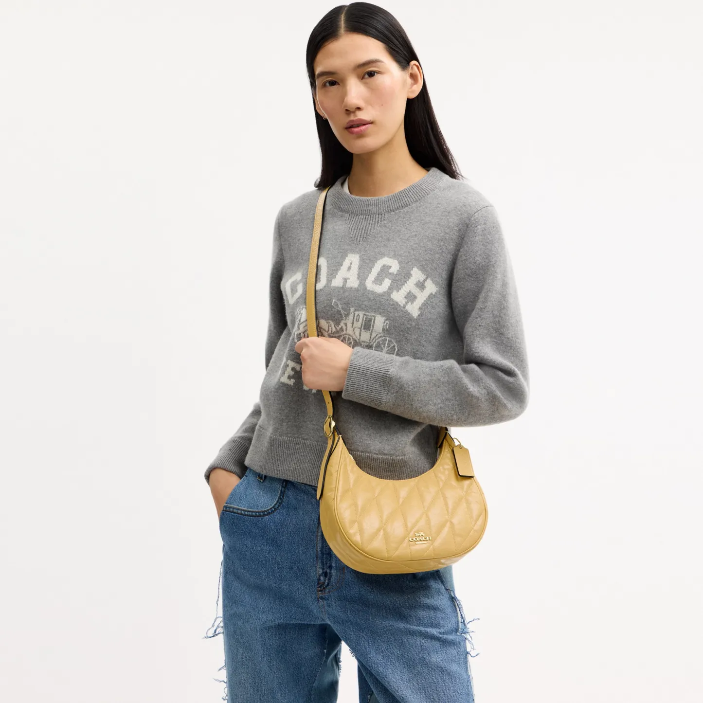 COACH®,Emily Shoulder Bag With Quilting,Recycled Polyester,Leather,Hobo,Pendant,Metal,Sustainable,Adjustable,Gold Metal,Da...,Beige