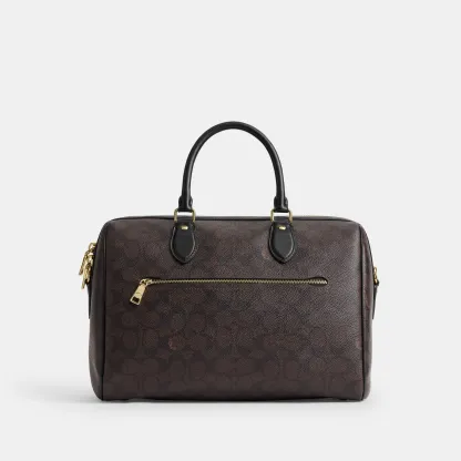 COACH®,Rowan Large Satchel Bag In Signature Canvas,Polyester,Leather,Canvas,Recycled Polyester,Satchel,Logo,Sustainable,Ad...,Brown,Back View