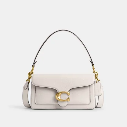 COACH®,Tabby Shoulder Bag 26,Leather,Shoulder Bag,Crossbody,Logo,Gusset,Gold Metal,Casual,White,Front View