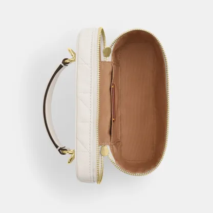 COACH®,Rainer Crossbody Bag 18 With Quilting,Recycled Polyester,Leather,Crossbody,Logo,Quilted,Sustainable,Adjustable,Gold...,White,Inside View,Top View