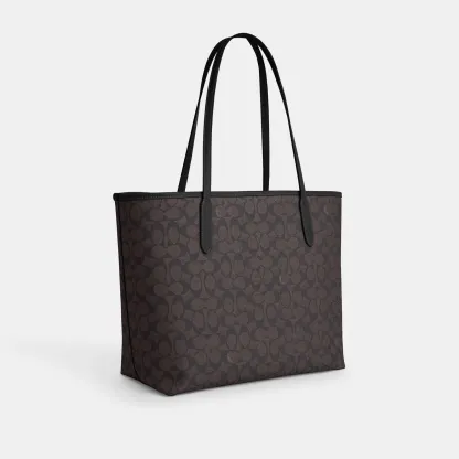 COACH®,City Tote Bag In Signature Canvas,Tote,Metal,Tag Embellishment,Color Block,Embossed,Piping,Logo,Casual,Multi Color,Angle View
