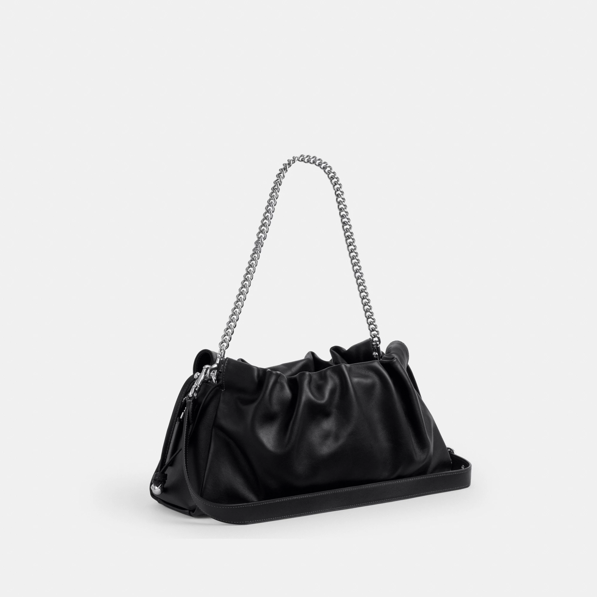 COACH®,Faye Large Shoulder Bag,Leather,Bucket,Logo,Ruched,Metal,Shoulder Guard,Lined,Silver Metal,Day Party,Black,Angle View