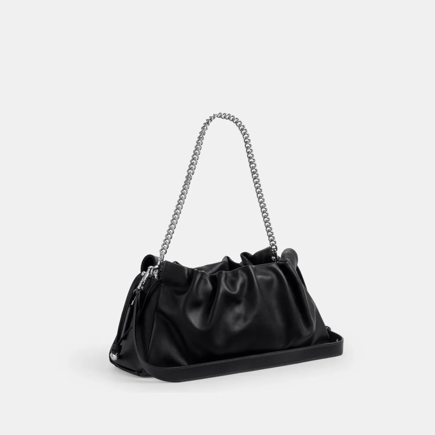 COACH®,Faye Large Shoulder Bag,Leather,Bucket,Logo,Ruched,Metal,Shoulder Guard,Lined,Silver Metal,Day Party,Black,Angle View