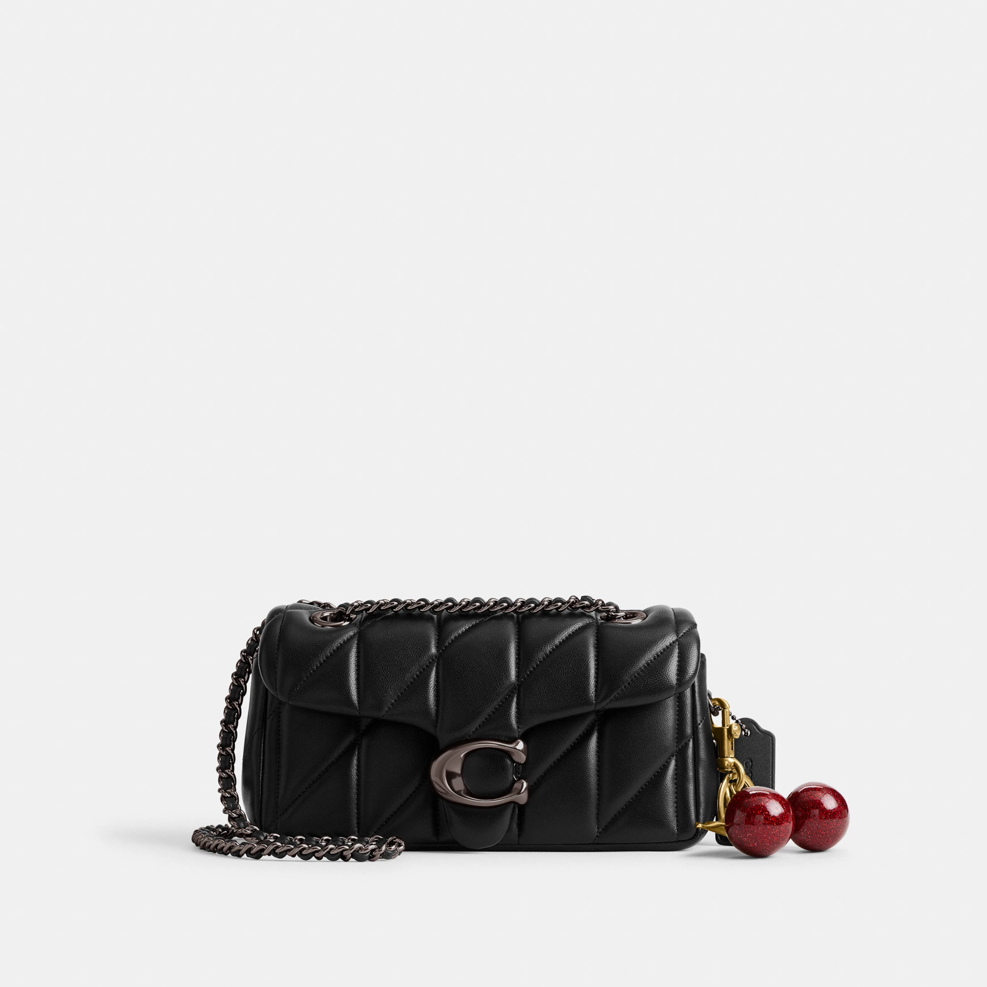 COACH®,Tabby Shoulder Bag 20 With Pillow Quilting,Leather,Shoulder Bag,Chain Detail,Embossed,Logo,Metal,Gold Metal,Day Party,Black,Angle View