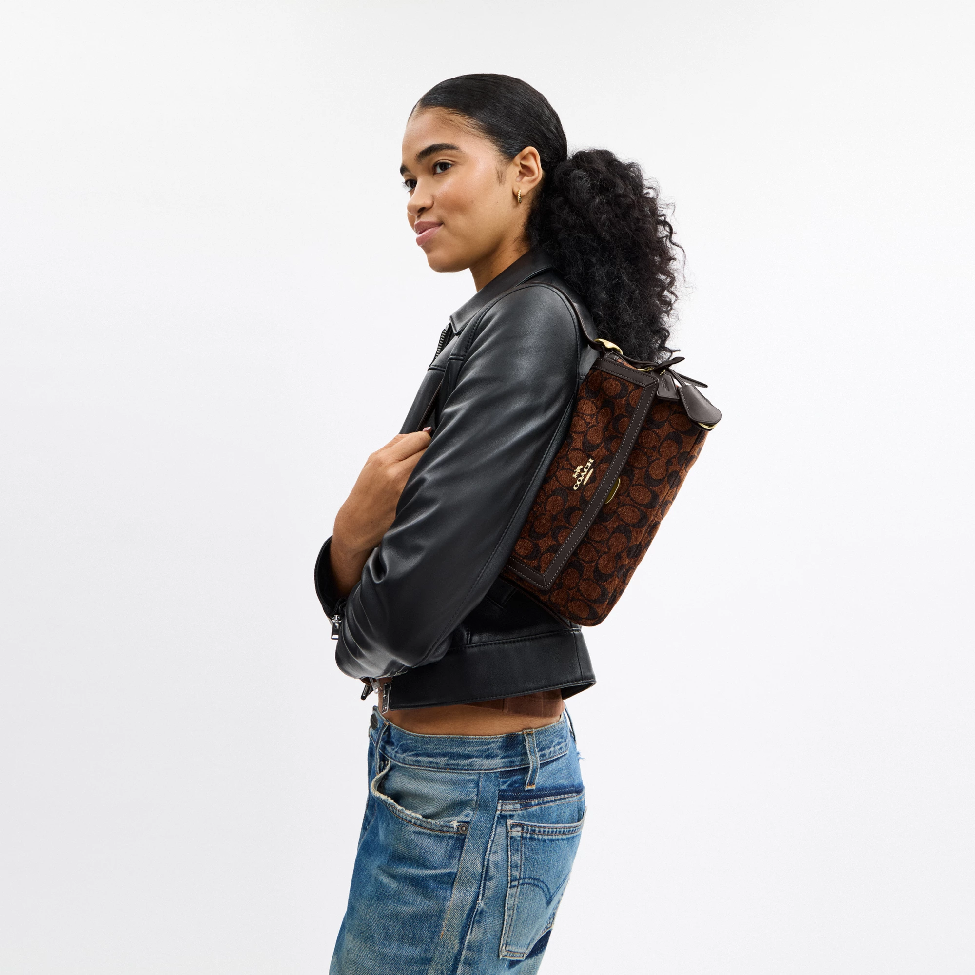 COACH®,Etta Small Flap Shoulder Bag In Signature Chenille,Leather,Fabric,Shoulder Bag,Word Embellishment,Logo,Adjustable,C...,Brown,Detail View
