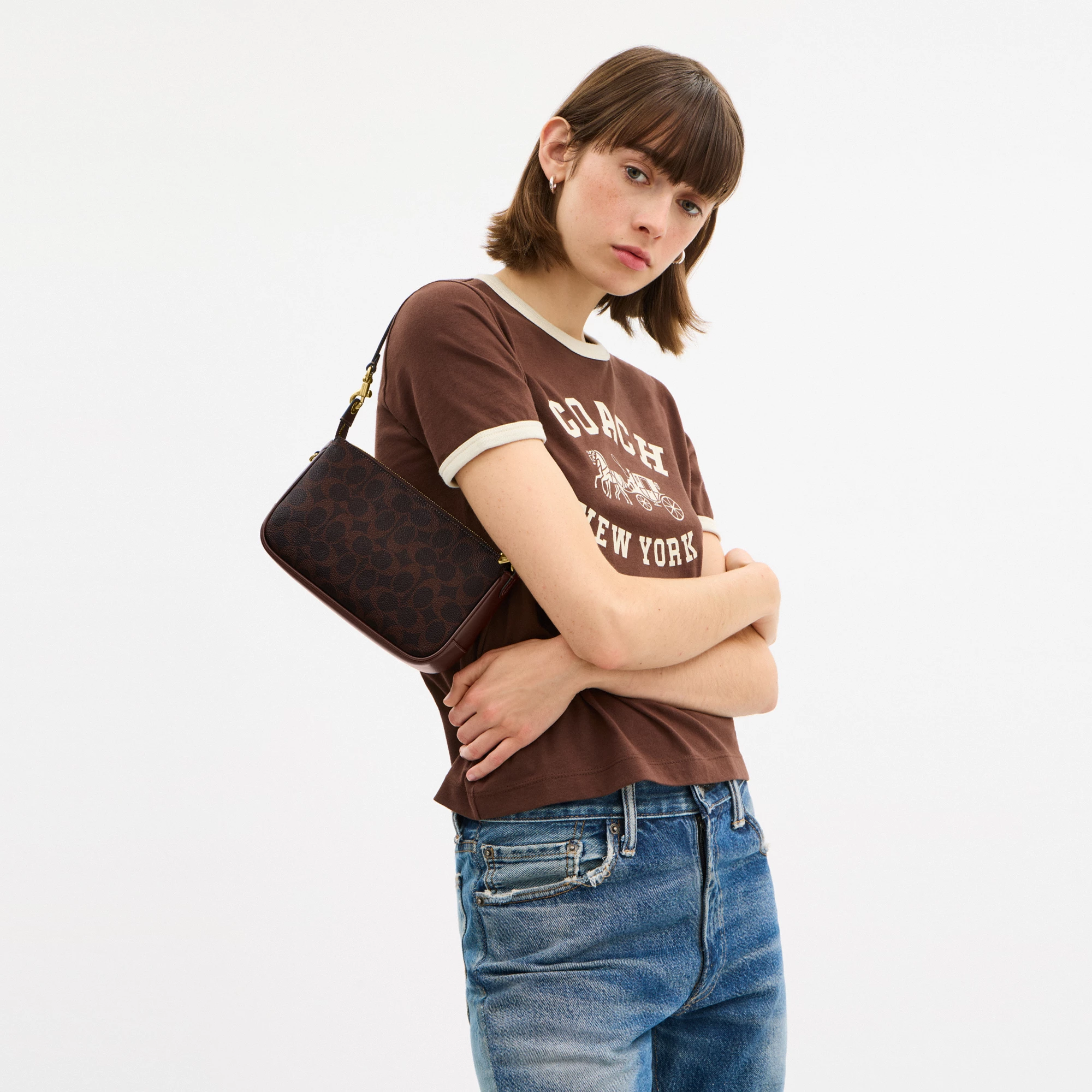 COACH®,Plaza Bag In Signature Canvas,Canvas,Wristlet,Shoulder Bag,Color Block,Pendant,Logo,Lined,Luggage Tag,Compact,Gold ...,Brown,Detail View