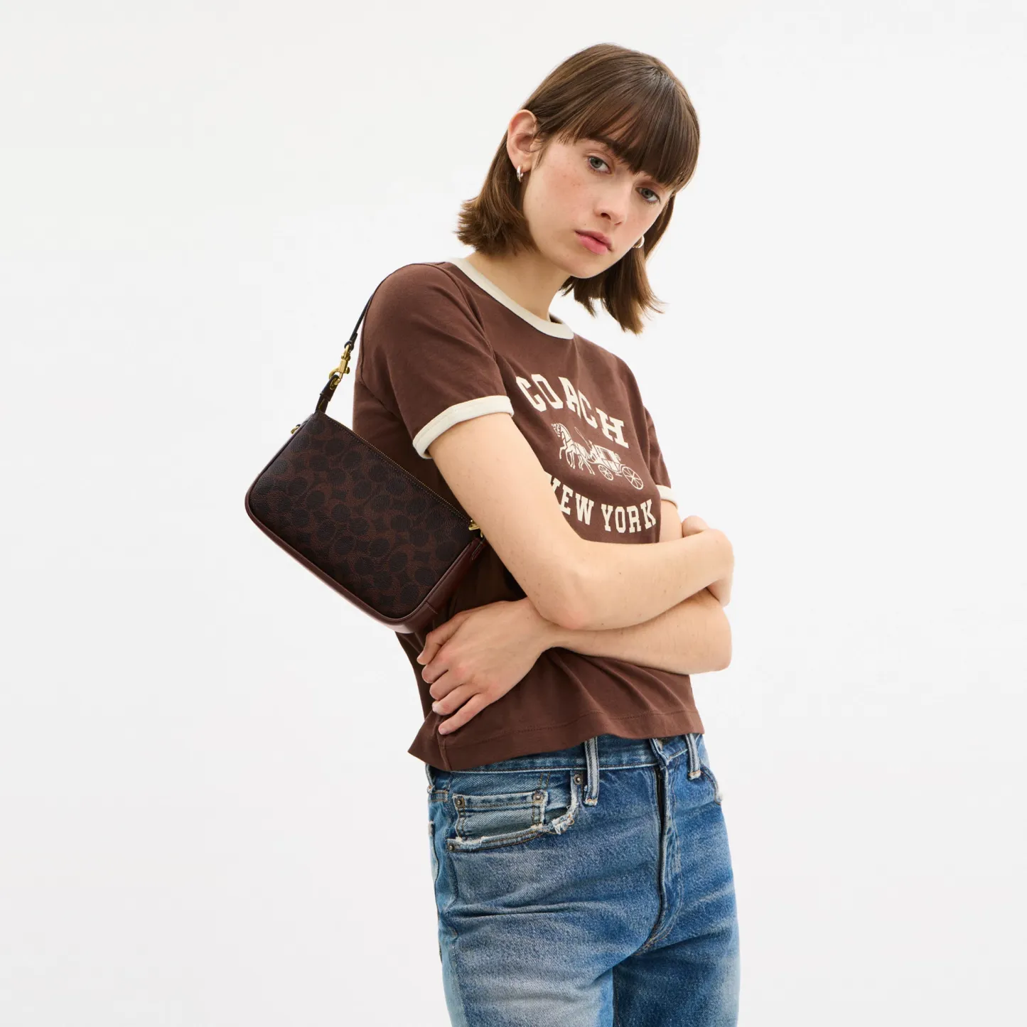 COACH®,Plaza Bag In Signature Canvas,Canvas,Wristlet,Shoulder Bag,Color Block,Pendant,Logo,Lined,Luggage Tag,Compact,Gold ...,Brown,Detail View