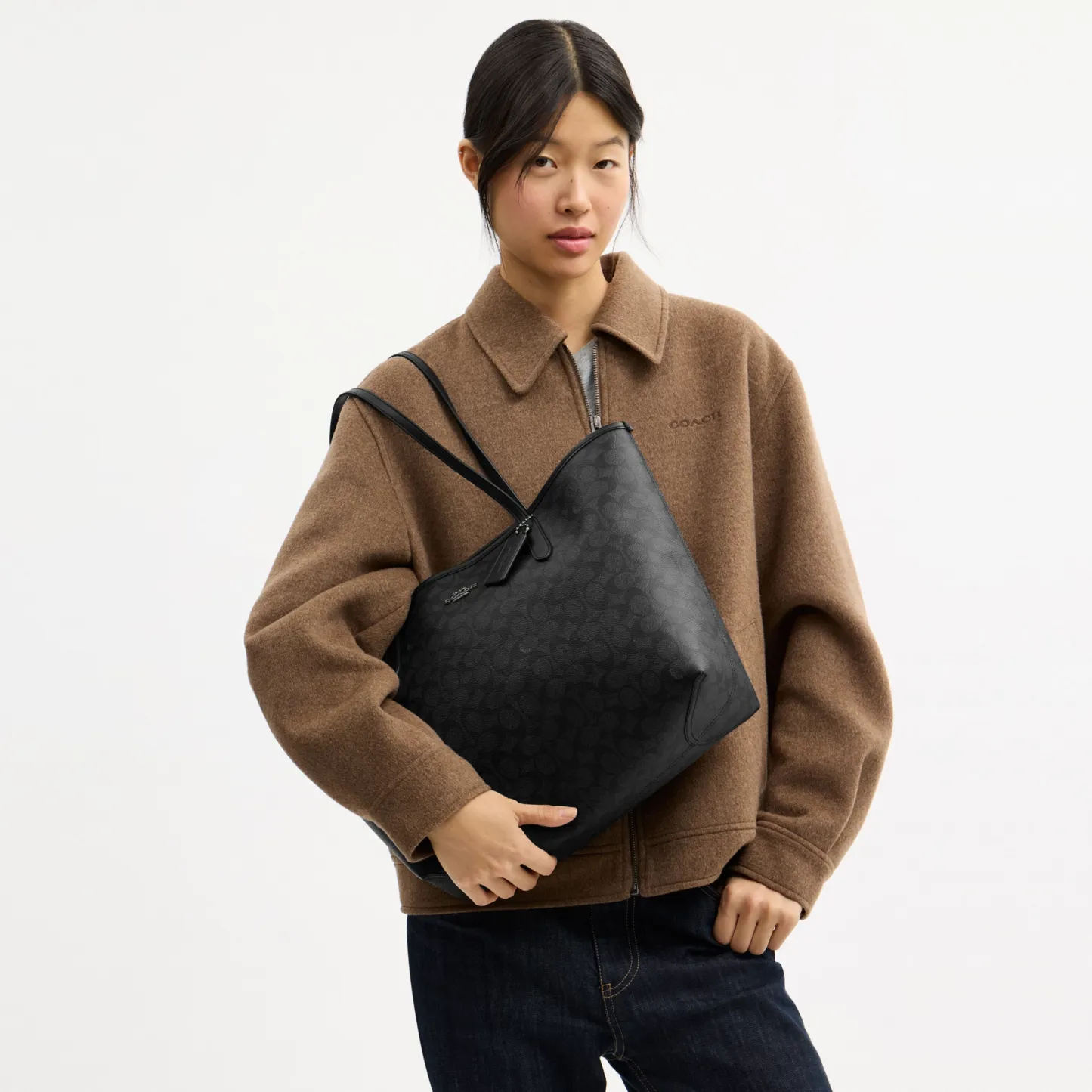 COACH®,City Tote Bag In Signature Canvas,Tote,Metal,Tag Embellishment,Color Block,Embossed,Piping,Logo,Casual,Black,Detail View
