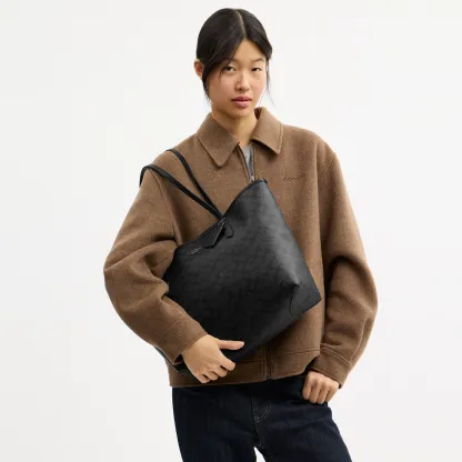 COACH®,City Tote Bag In Signature Canvas,Tote,Metal,Tag Embellishment,Color Block,Embossed,Piping,Logo,Casual,Black,Detail View