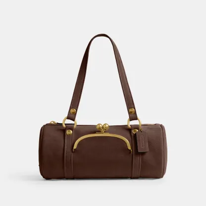 COACH®,Kisslock Barrel Bag,Lining Cotton Knit,Lining Cotton,Suede,Barrel Bag,Pendant,Brass,Day Party,Brown,Front View