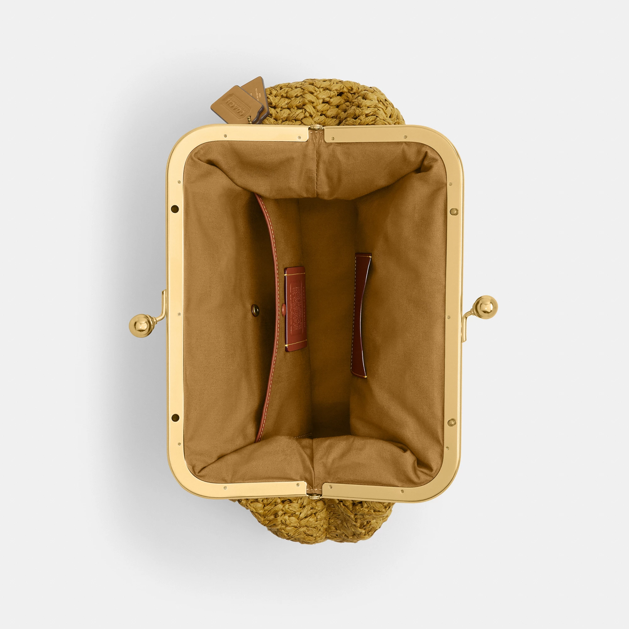 COACH®,Kisslock Frame Bag 27,Cotton,Calfskin Leather,Clutch,Metal Material,Straw,Pendant,Lined,Brass,Day Party,Beige,Inside View,Top View