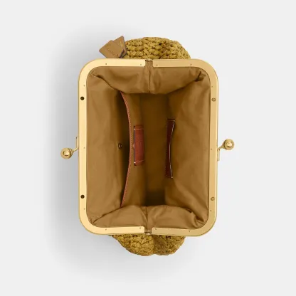 COACH®,Kisslock Frame Bag 27,Cotton,Calfskin Leather,Clutch,Metal Material,Straw,Pendant,Lined,Brass,Day Party,Beige,Inside View,Top View
