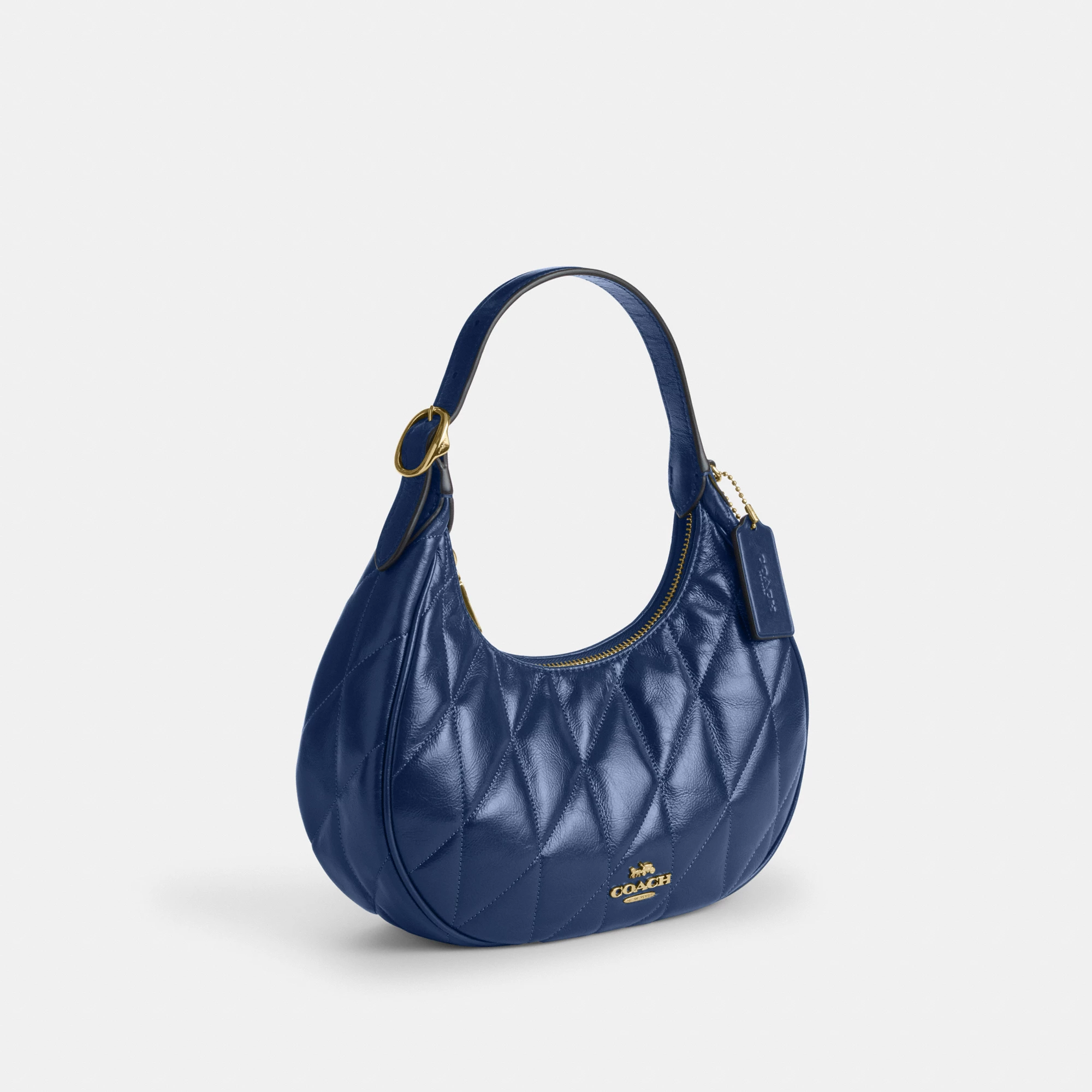 COACH®,Emily Shoulder Bag With Quilting,Recycled Polyester,Leather,Hobo,Pendant,Metal,Sustainable,Adjustable,Gold Metal,Da...,Blue,Angle View