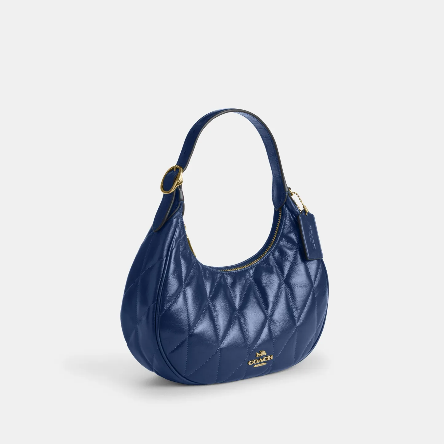COACH®,Emily Shoulder Bag With Quilting,Recycled Polyester,Leather,Hobo,Pendant,Metal,Sustainable,Adjustable,Gold Metal,Da...,Blue,Angle View