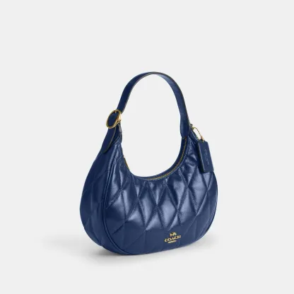 COACH®,Emily Shoulder Bag With Quilting,Recycled Polyester,Leather,Hobo,Pendant,Metal,Sustainable,Adjustable,Gold Metal,Da...,Blue,Angle View