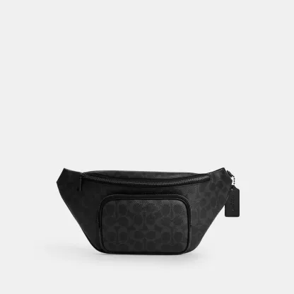 COACH®,Travis Belt Bag 35 In Signature Canvas,Recycled Polyester,Leather,Canvas,Belt Bag,Metal Material,Logo,Adjustable,Gu...,Black,Front View