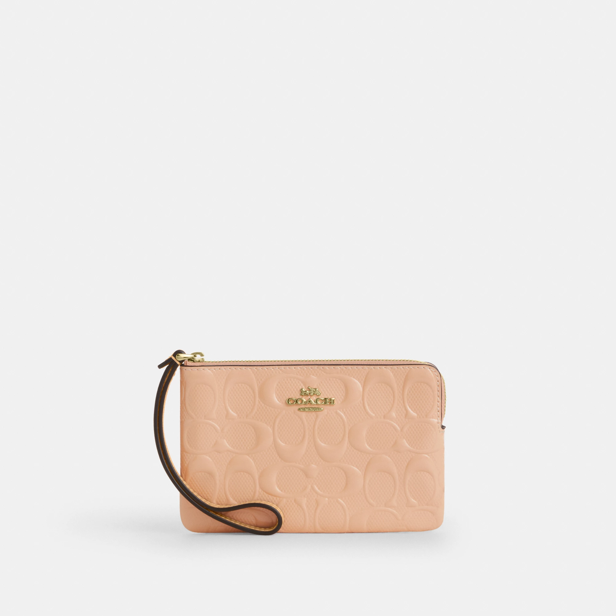 COACH®,Corner Zip Wristlet In Signature Leather,Leather,Recycled Polyester,Wristlet,Gold Metal,Casual,Blush,Front View