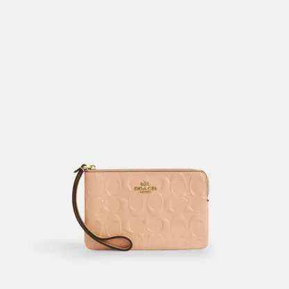 COACH®,Corner Zip Wristlet In Signature Leather,Leather,Recycled Polyester,Wristlet,Gold Metal,Casual,Blush,Front View