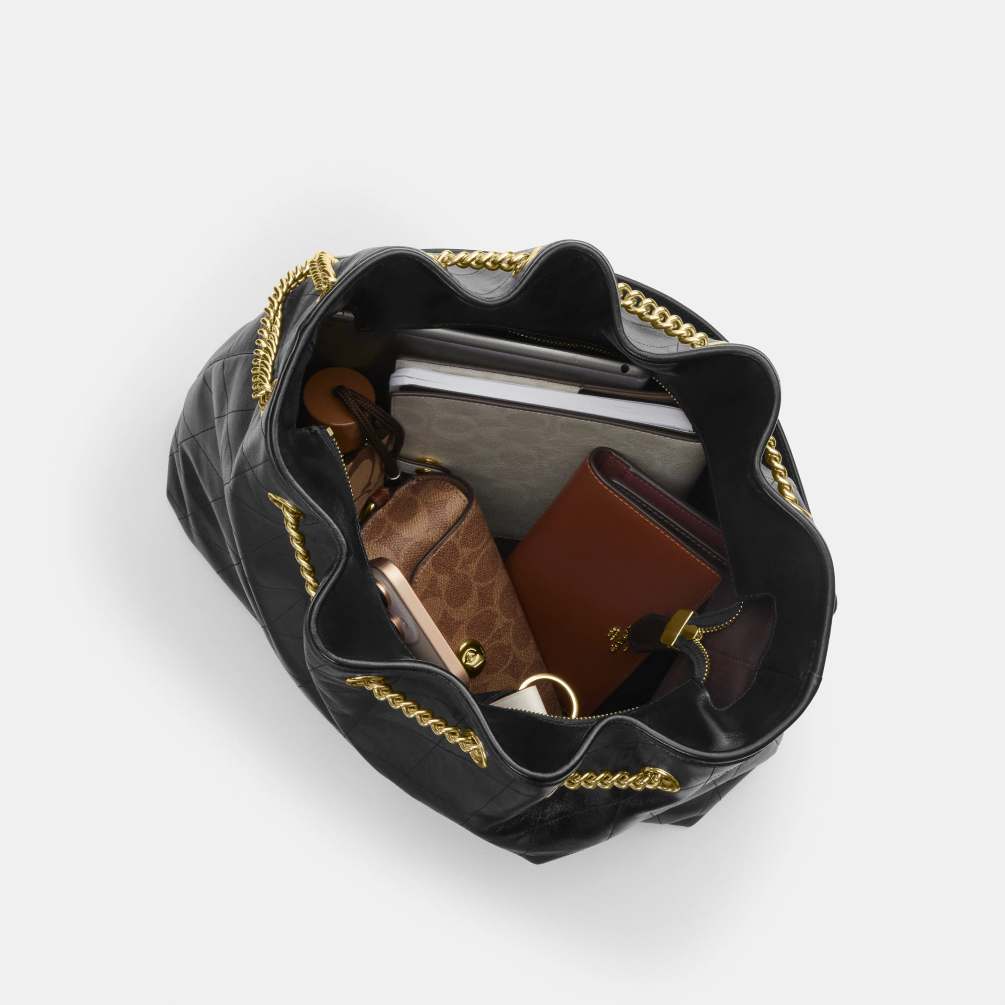COACH®,Evelyn Large Shoulder Bag With Quilting,Leather,Bucket,Metal,Logo,Day Party,Black,Inside View,Top View