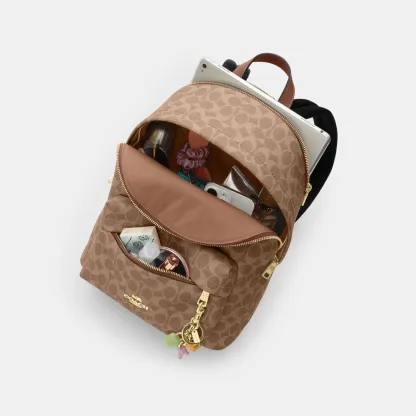 COACH®,Taylor Small Backpack In Signature Canvas,Recycled Polyester,Canvas,Backpack,Metal,Logo,Adjustable,Gold Metal,Casual,,Inside View,Top View