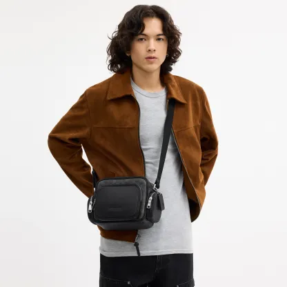 COACH®,Fletcher Crossbody Bag In Signature Canvas,Leather,Recycled Polyester,Canvas,Crossbody,Zipper,Snap Button,Adjustabl...,Black,Detail View