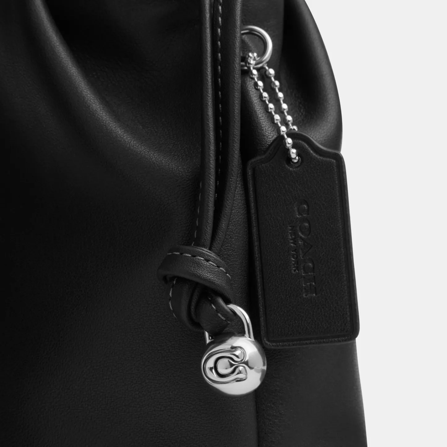 COACH®,Faye Mini Drawstring Bag,Leather,Bucket,Logo,Metal,Silver Metal,Day Party,Black,Closer View