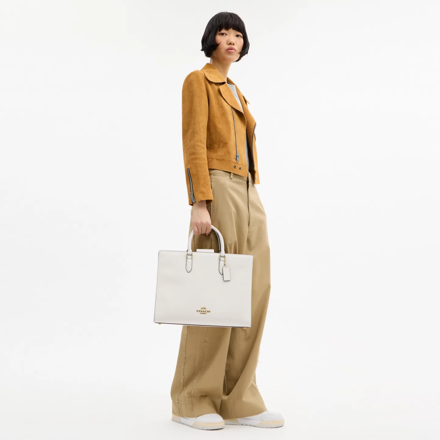 COACH®,Maggie Tote Bag,Leather,Tote,Logo,Embossed,Metal,Work,White,Detail View