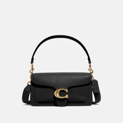 COACH®,Tabby Shoulder Bag 26,Leather,Shoulder Bag,Crossbody,Logo,Gusset,Gold Metal,Casual,Black,Front View