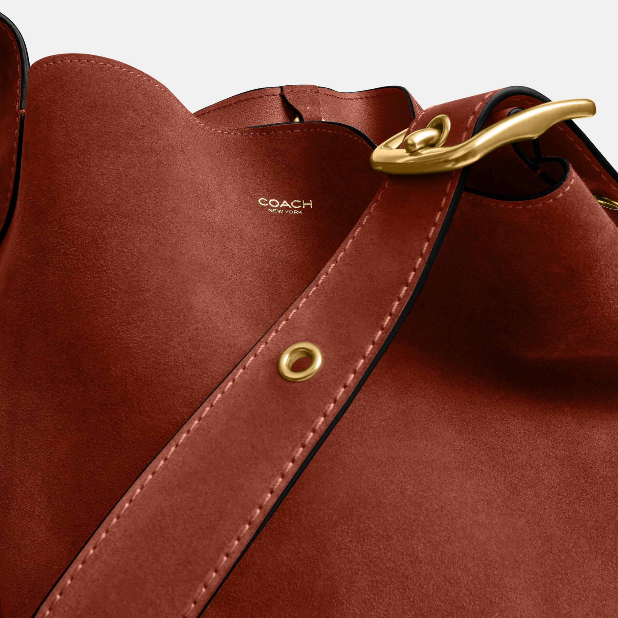 COACH®,Bleecker Bucket Bag,Leather,Suede,Bucket,Hobo,Embellished,Lined,Adjustable,Gold Metal,Casual,Brown,Closer View