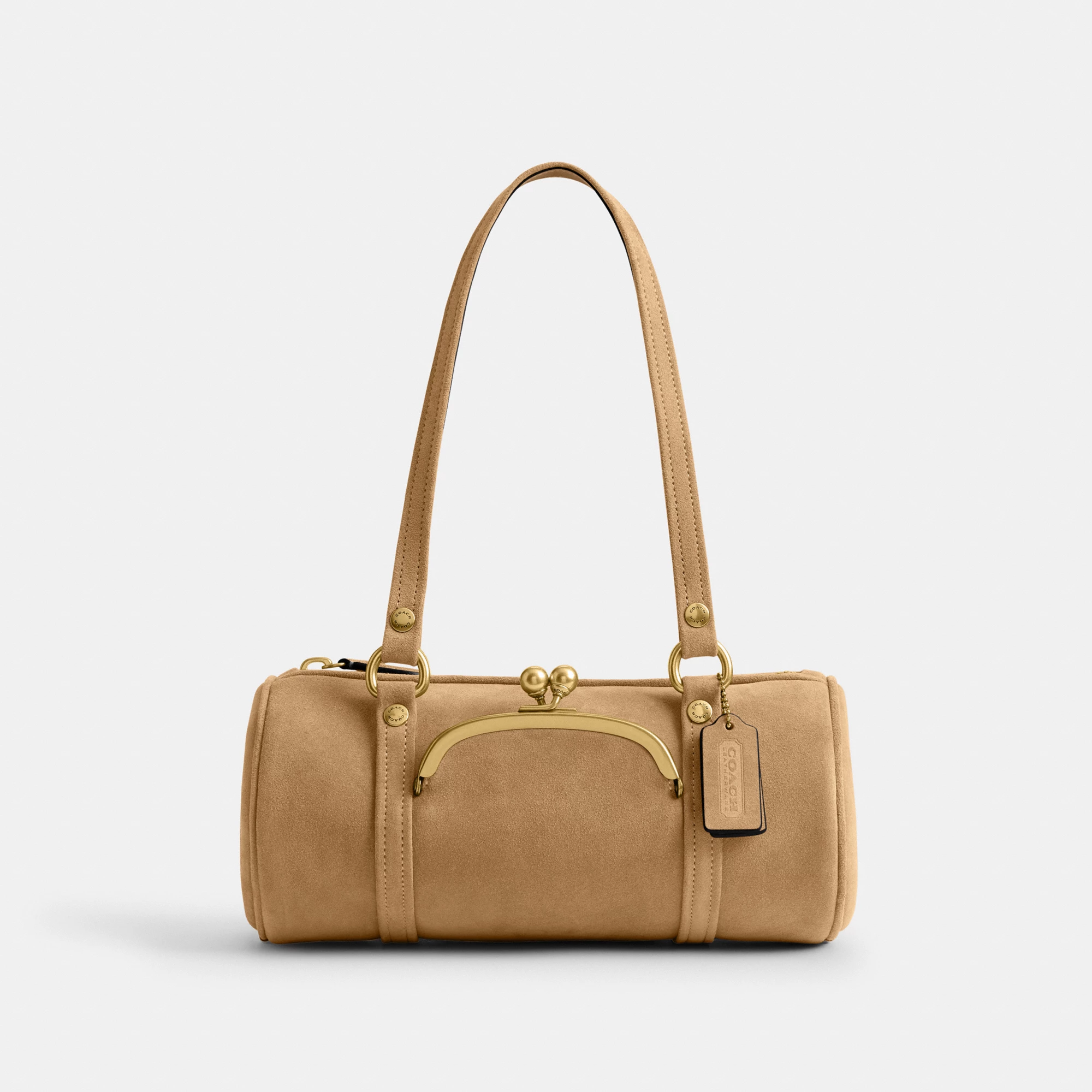 COACH®,Kisslock Barrel Bag 28,Lining Cotton,Suede,Leather,Barrel Bag,Pendant,Sustainable,Compact,Brass,Day Party,Beige,Front View