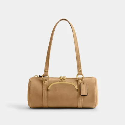 COACH®,Kisslock Barrel Bag 28,Lining Cotton,Suede,Leather,Barrel Bag,Pendant,Sustainable,Compact,Brass,Day Party,Beige,Front View