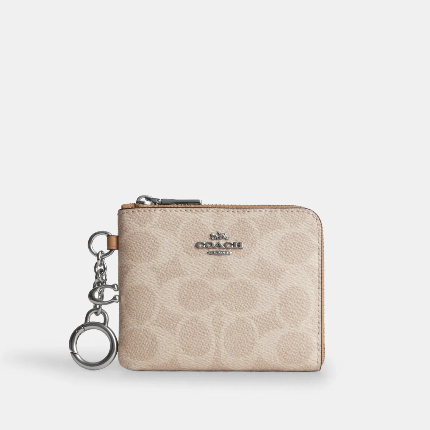 COACH®,Small Corner Zip Wallet In Signature Canvas,Canvas,Leather,Metal Material,Logo,Key Ring,Gold Metal,Casual, Father's...,Beige,Front View