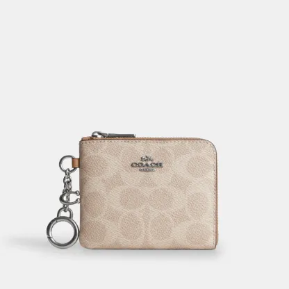 COACH®,Small Corner Zip Wallet In Signature Canvas,Canvas,Leather,Metal Material,Logo,Key Ring,Gold Metal,Casual, Father's...,Beige,Front View