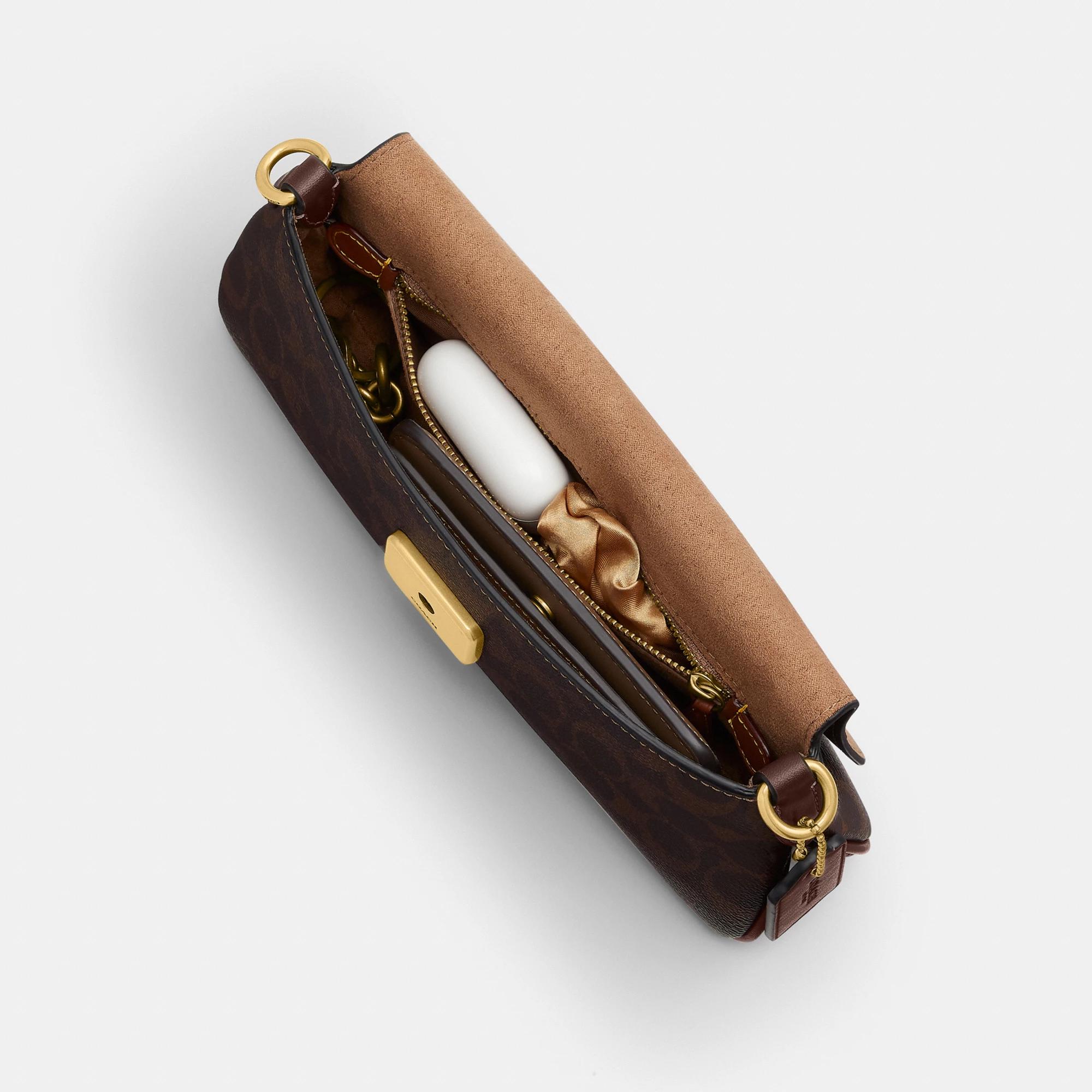 COACH®,Jet Shoulder Bag In Signature Canvas,Calfskin Leather,Canvas,Leather,Shoulder Bag,Metal,Logo,Lined,Brass,Day Party,Brown,Inside View,Top View