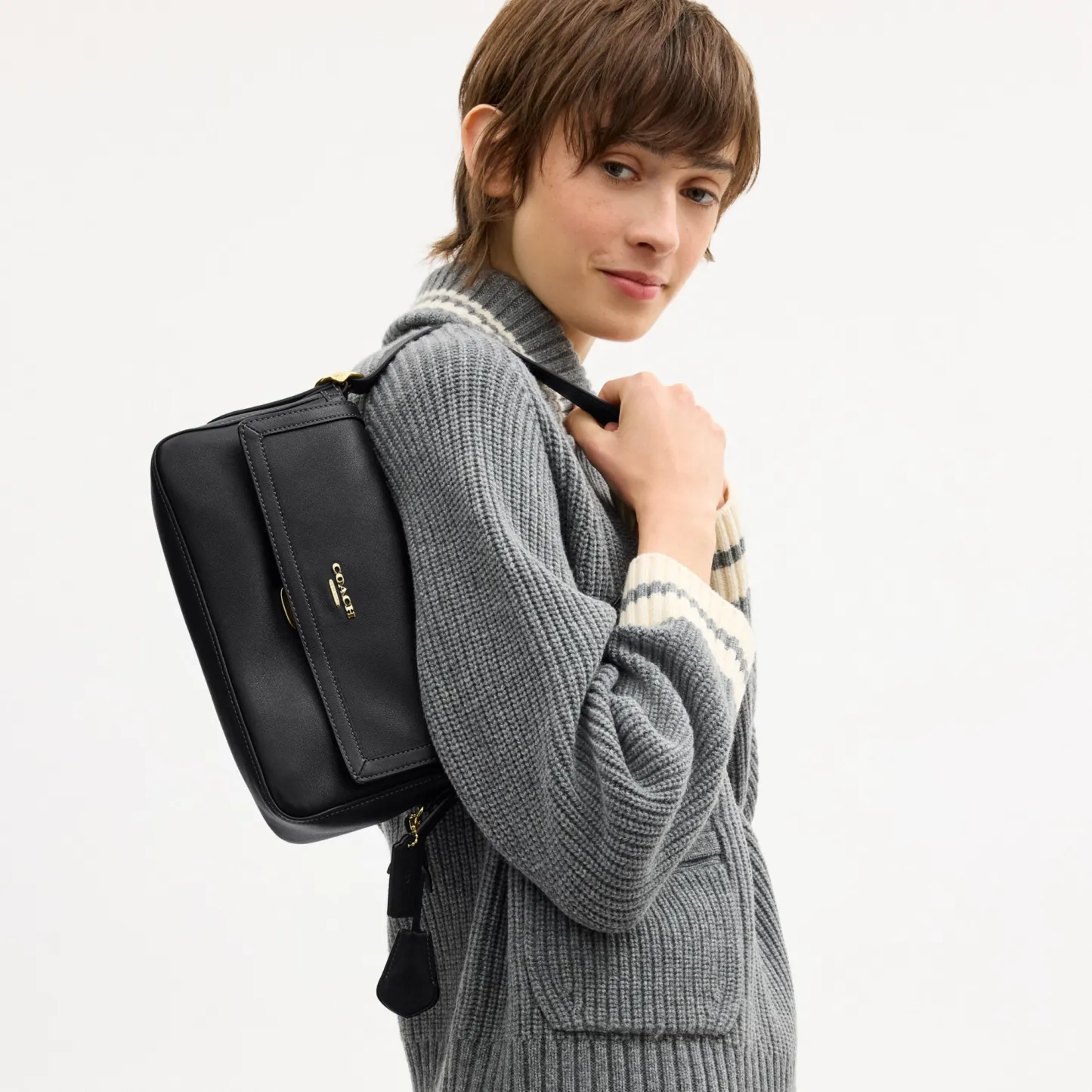 COACH®,Etta Small Flap Shoulder Bag,Recycled Polyester,Shoulder Bag,Logo,Compact,2 in 1,Sustainable,Adjustable,Gold Metal,...,Black,Detail View