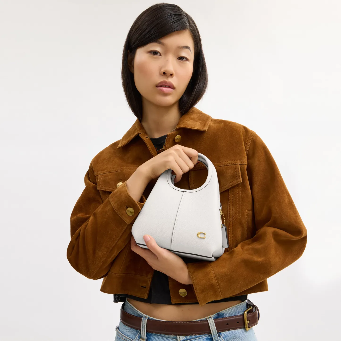 COACH®,Lana Shoulder Bag 19,Leather,Crossbody,Metal,Logo,Shoulder Guard,Brass,Casual,White,Detail View
