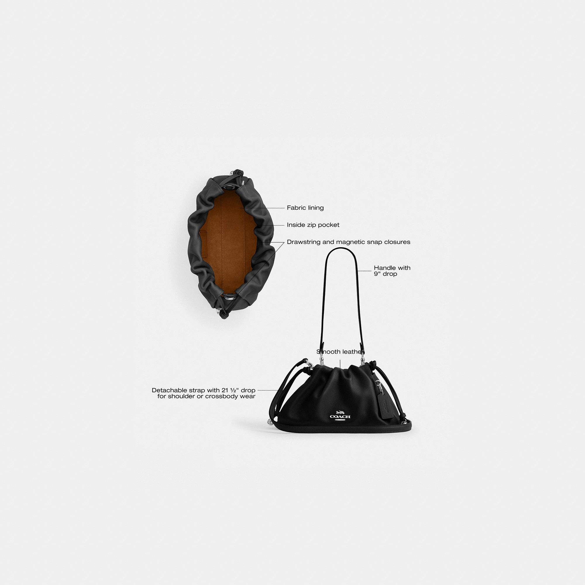COACH®,Faye Shoulder Bag,Shoulder Bag,Metal,Ball Embellishment,Drawstring,Logo,Casual,Black