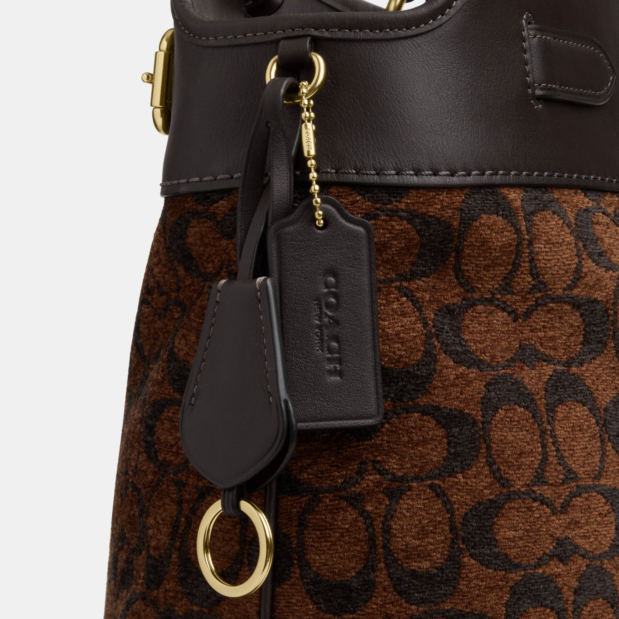 COACH®,Easton Tote Bag In Signature Chenille,Leather,Tote,Logo,Color Block,Lined,Stain Resistant,Gold Metal,Work,Brown,Closer View