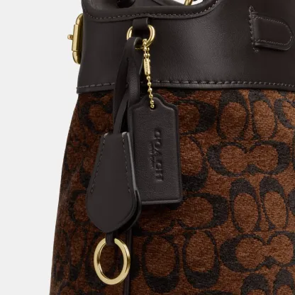 COACH®,Easton Tote Bag In Signature Chenille,Leather,Tote,Logo,Color Block,Lined,Stain Resistant,Gold Metal,Work,Brown,Closer View