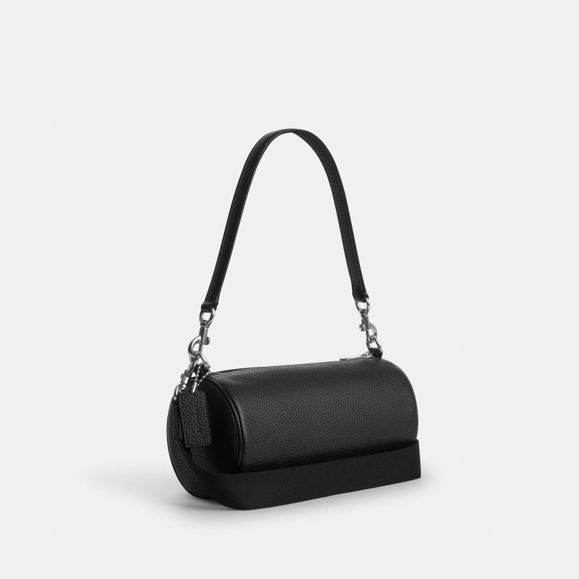 COACH®,Andre Barrel Bag 24,Recycled Polyester,Leather,Barrel Bag,Logo,Adjustable,Sustainable,Silver Metal,Casual,Black,Angle View