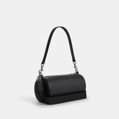 COACH®,Andre Barrel Bag 24,Recycled Polyester,Leather,Barrel Bag,Logo,Adjustable,Sustainable,Silver Metal,Casual,Black,Angle View