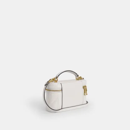 COACH®,Rainer Crossbody Bag 18 With Quilting,Recycled Polyester,Leather,Crossbody,Logo,Quilted,Sustainable,Adjustable,Gold...,White,Angle View