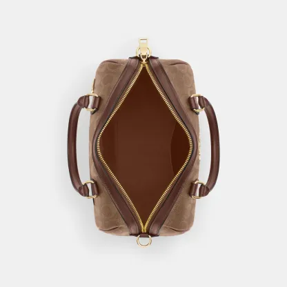 COACH®,Rowan Satchel Bag In Signature Canvas,Satchel,Piping,Casual,Work,Brown,Inside View,Top View