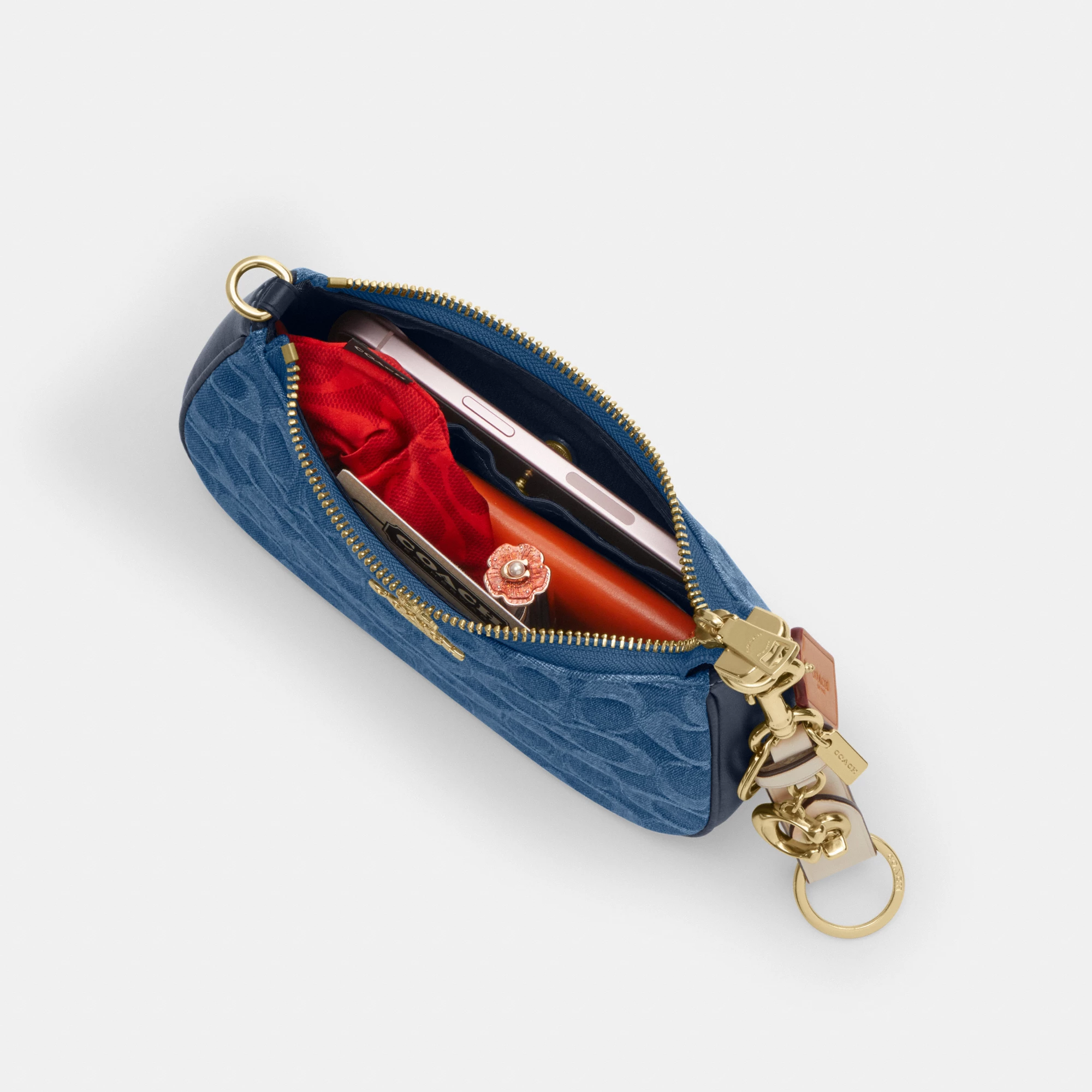 COACH®,Teri Mini Crossbody Bag In Signature Denim,Cotton,Denim,Leather,Shoulder Bag,Metal,Logo,Casual,Navy,Inside View,Top View