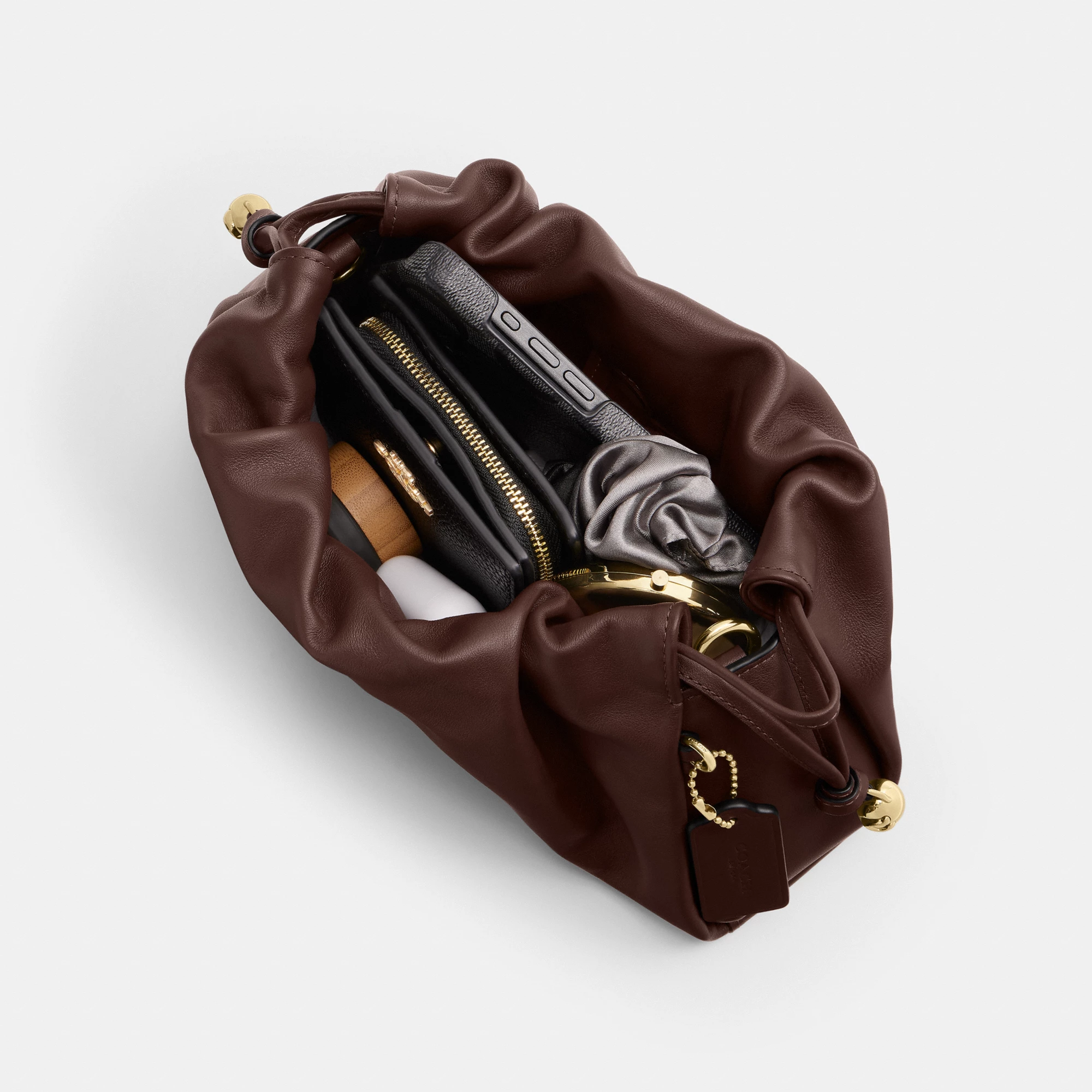 COACH®,Faye Shoulder Bag,Shoulder Bag,Metal,Ball Embellishment,Drawstring,Logo,Casual,Brown,Inside View,Top View