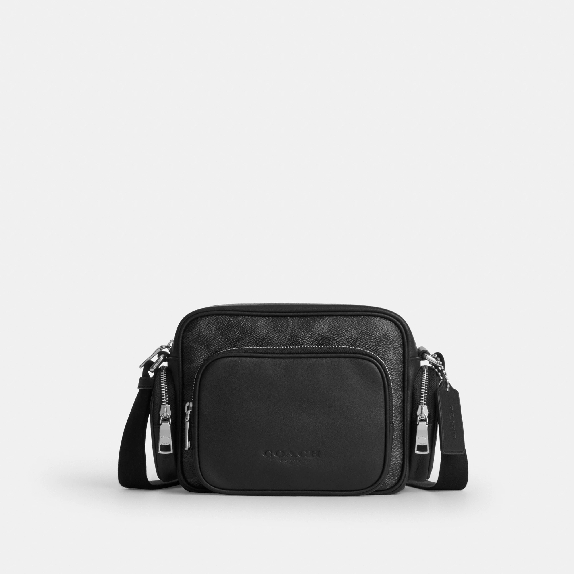COACH®,Fletcher Crossbody Bag In Signature Canvas,Leather,Recycled Polyester,Canvas,Crossbody,Zipper,Snap Button,Adjustabl...,Black,Front View
